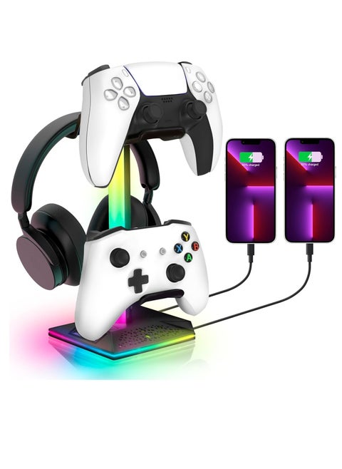 حامل وحدة تحكم الألعاب RGB، حامل سماعة الرأس مع 2 شحن USB و1 نوع C، حامل وحدة التحكم مع 10 أوضاع إضاءة وميزة الذاكرة، ملحقات حامل سماعات الرأس العالمي للاعبين المكتبيين