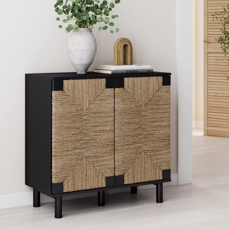 Nathan James Nathan James Beacon Accent Natural Sideboard Storage Cabinet in WireBrushed Wood with Adjustable Interior Shelf and Seagrass Doors for Hallway Entryway or Dining Room Black 