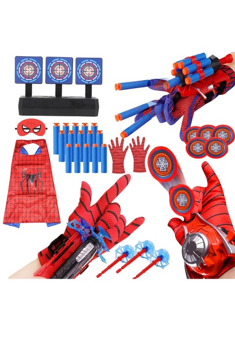 3 Sets Spider Web Shooters Wrist Launcher Toys with Hero Gloves Auto Resetting Boards Spider Cape and Mask Cosplay Costume for Kids Birthday Party Present for Boys Girls