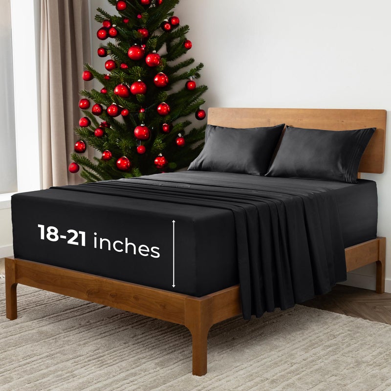 Mellanni Extra Deep Queen Sheets  4 PC Iconic Collection Bedding  Hotel Luxury Ultra Soft Cooling Bed Sheets  Wrinkle Fade Stain Resistant Queen Black