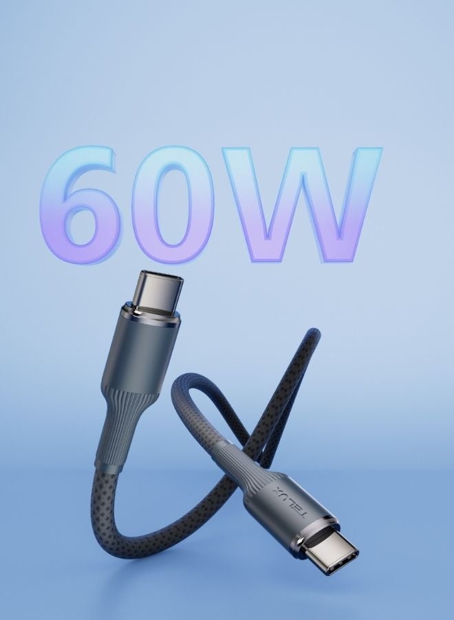 TELUX SWIFTX USB-C to USB-C Charging Cable 1m, 60W PD Fast Charging, Wear-Resistant Nylon Braid, Broad Compatibility, 10000+ Bend Lifespan, 480Mbps Data Transfer, Grey - Image 3