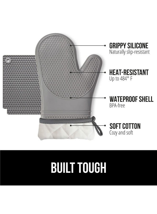 Gorilla Grip GORILLA GRIP BPA-Free Soft SIlicone Oven Mitts and Potholder Set of 4, Heat Resistant Hot Pads, Thick Cotton Lined Cooking Mitt, Long Gloves Protect Hands, Kitchen Waterproof Trivet Mats, 12.5 in Gray  - Image 2