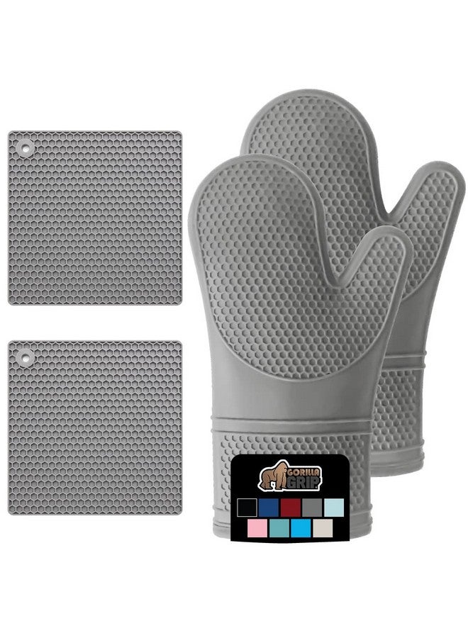 Gorilla Grip GORILLA GRIP BPA-Free Soft SIlicone Oven Mitts and Potholder Set of 4, Heat Resistant Hot Pads, Thick Cotton Lined Cooking Mitt, Long Gloves Protect Hands, Kitchen Waterproof Trivet Mats, 12.5 in Gray  - Image 1