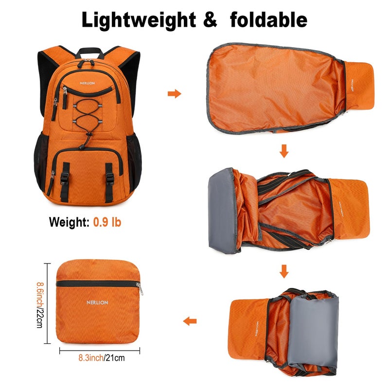 NerIion Nerlion Lightweight Foldable 35L Hiking Backpack Travel Backpack for Men Women Camping Waterproof Outdoor Hiking Daypack Backpack Orange - Image 4