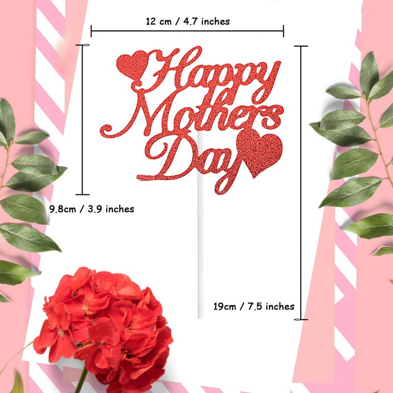 Chewarelly 1 Pack Happy Mothers Day Cake Toppers Set  Glitter Cake Bunting Decor Best Mom Ever Love Mother Cake Picks Party Decorations Supplies(Red) - Image 2