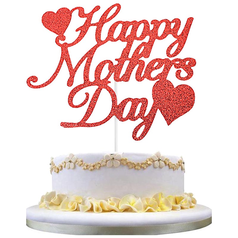 Chewarelly 1 Pack Happy Mothers Day Cake Toppers Set  Glitter Cake Bunting Decor Best Mom Ever Love Mother Cake Picks Party Decorations Supplies(Red) - Image 1