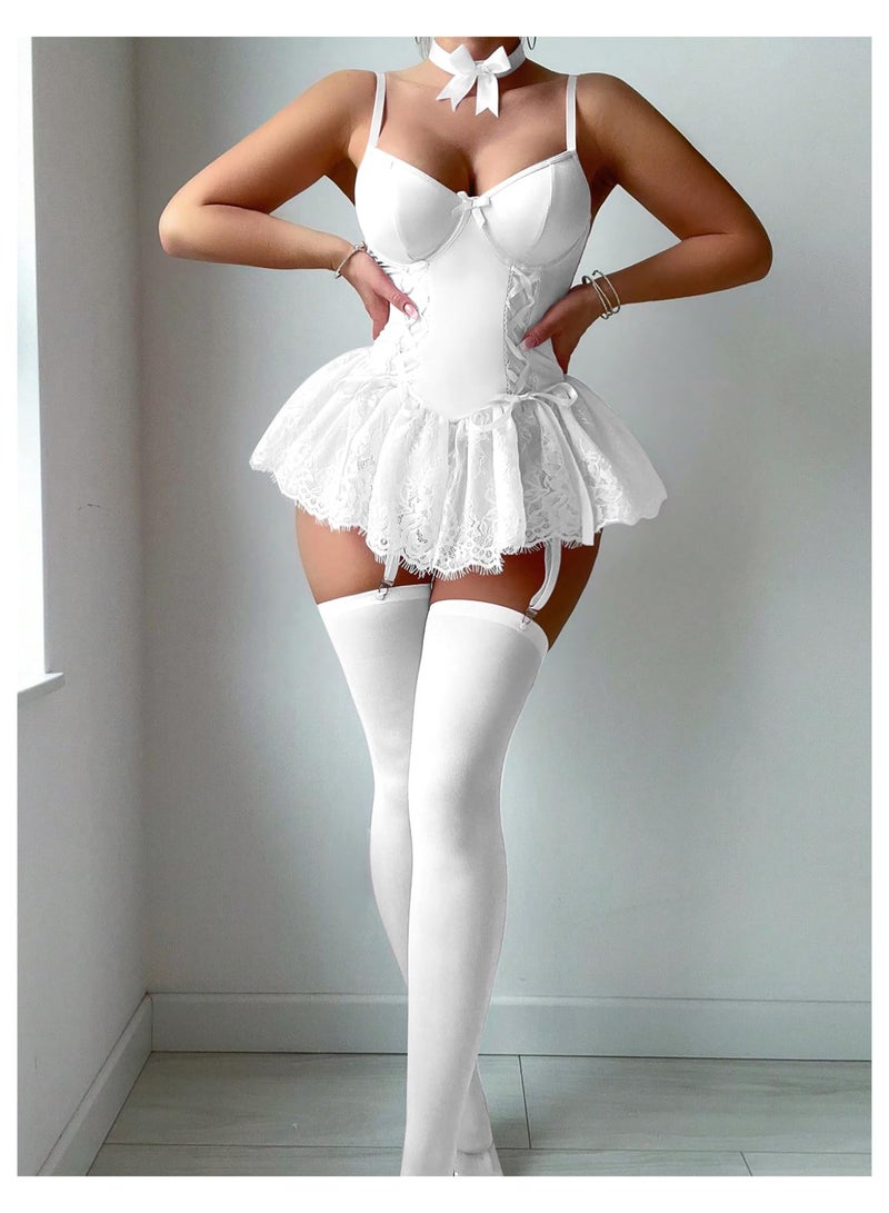 NIBEMINENT Women's Lace Babydoll Garter Lingerie Dress with Thong and Stockings Set - Image 1