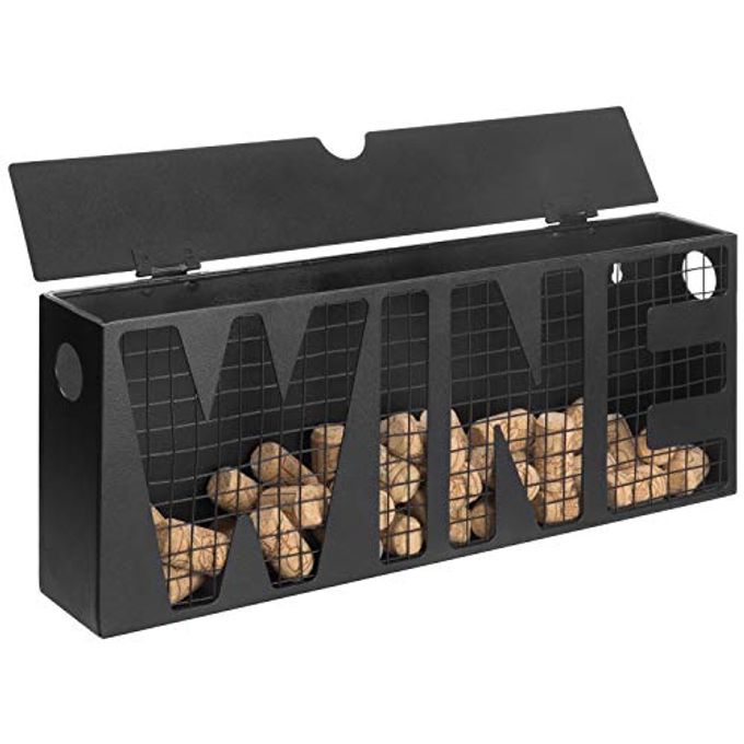 MyGift Wall Mounted Vintage Wood Open Top Cork Holder Box with Cutout WINE Display and Decorative Metal Wire Mesh Backing for Kitchen or Bar (Black)
