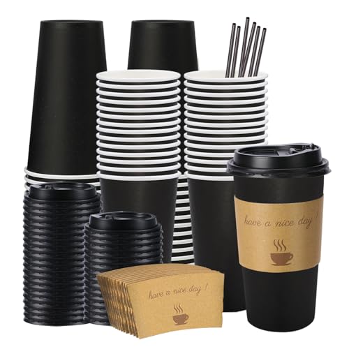 BYSNOW 50 Pack 20 oz Disposable Coffee Cups with Lids, Paper Hot Coffee Cups with Sleeve and Straw, To Go Cups for Home, Office and Party (Black 20oz) - Image 1