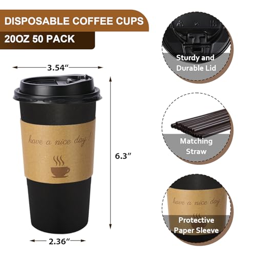 BYSNOW 50 Pack 20 oz Disposable Coffee Cups with Lids, Paper Hot Coffee Cups with Sleeve and Straw, To Go Cups for Home, Office and Party (Black 20oz) - Image 2