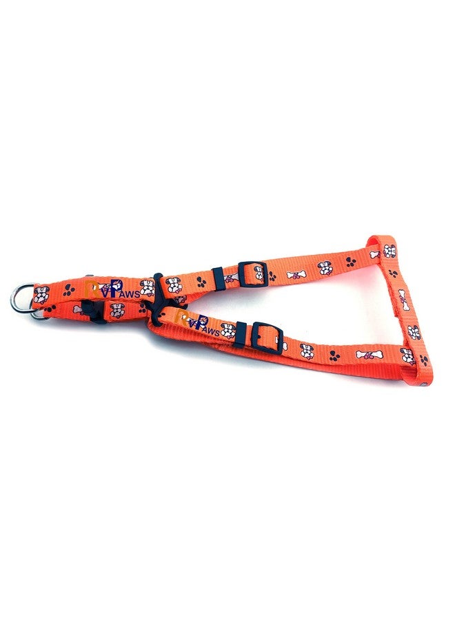 Small Breed Dog Body Harness Leash Set 15 Mm Soft Adjustable Bone Paw Printed Colourful Puppy Nylon Harness Set With Metal Hook Leash (Orange) - Image 3