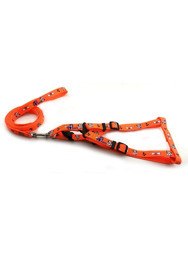 Small Breed Dog Body Harness Leash Set 15 Mm Soft Adjustable Bone Paw Printed Colourful Puppy Nylon Harness Set With Metal Hook Leash (Orange) - Image 4