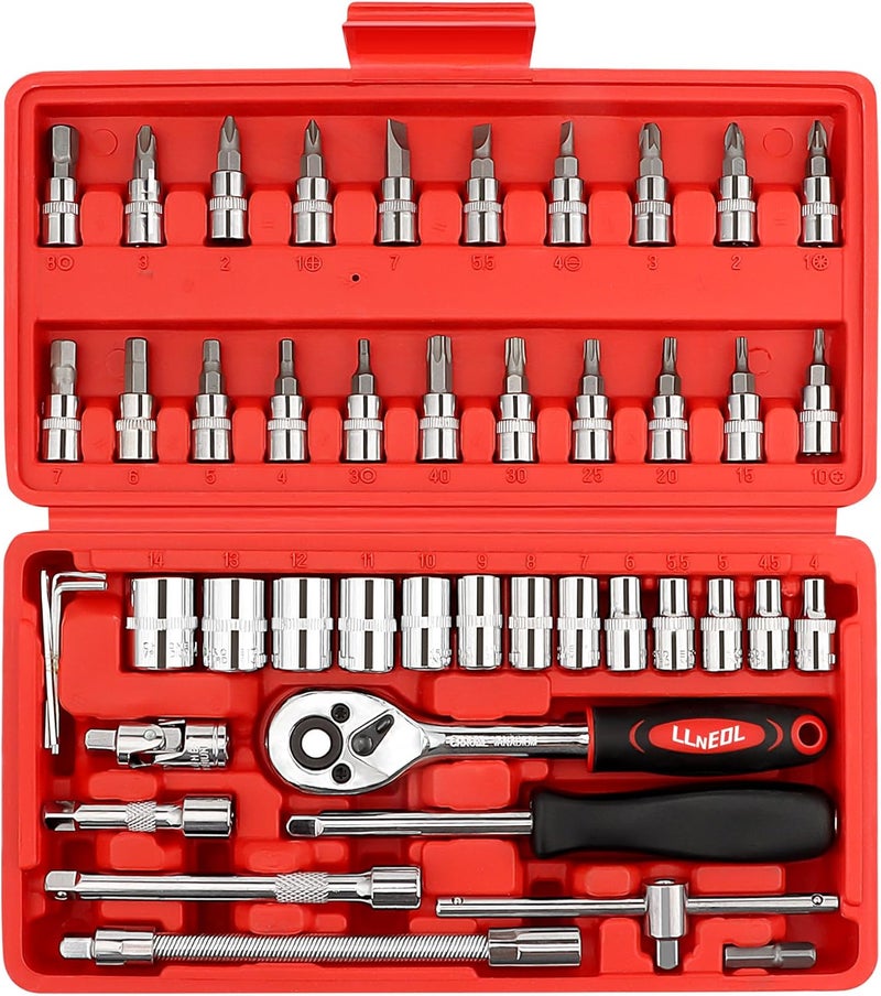 LLNEDL 46 Pieces 1/4" Drive Socket Set with Ratchet Wrench and Bit Socket for DIY and Car Repair - Image 1