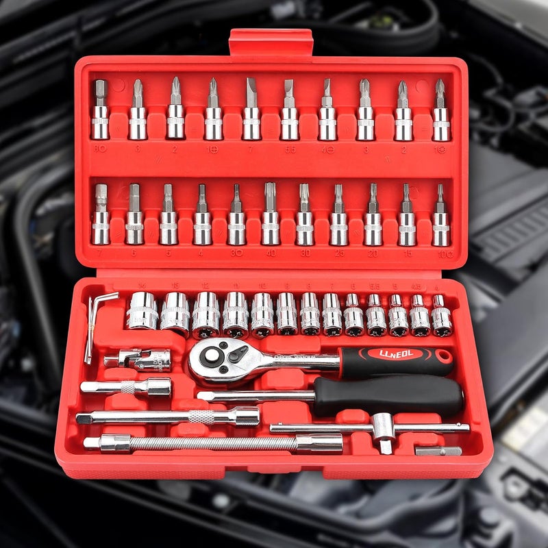 LLNEDL 46 Pieces 1/4" Drive Socket Set with Ratchet Wrench and Bit Socket for DIY and Car Repair - Image 5
