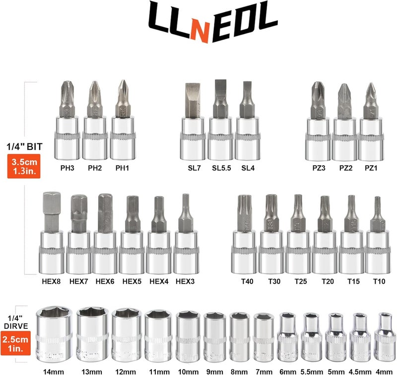 LLNEDL 46 Pieces 1/4" Drive Socket Set with Ratchet Wrench and Bit Socket for DIY and Car Repair - Image 2
