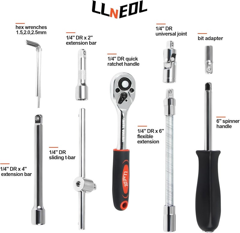 LLNEDL 46 Pieces 1/4" Drive Socket Set with Ratchet Wrench and Bit Socket for DIY and Car Repair - Image 3