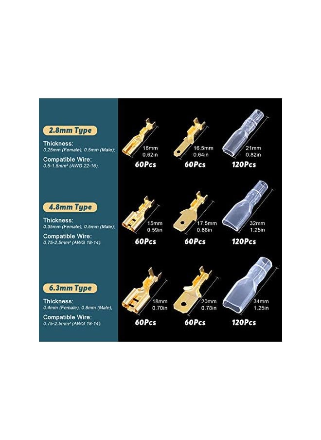 Glarks Glarks 720Pcs 2.8mm 4.8mm 6.3mm Male and Female Wire Spade Connector and Insulating Sleeve Assortment Kit Copper Wire Crimp Terminal Block with Nylon Sleeve Set for Car Audio Speaker  - Image 2