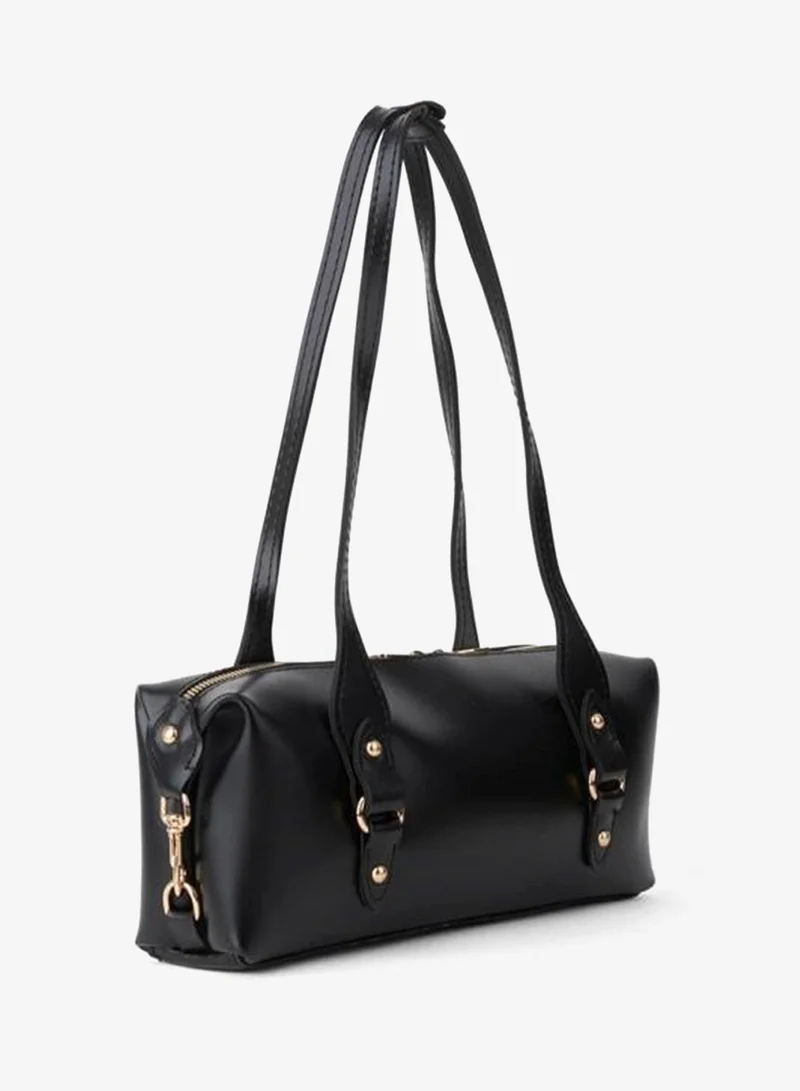 Women's Shabby Black Design Bordered Lined Zipper Closure Baget Hand, Arm and Shoulder Bag.