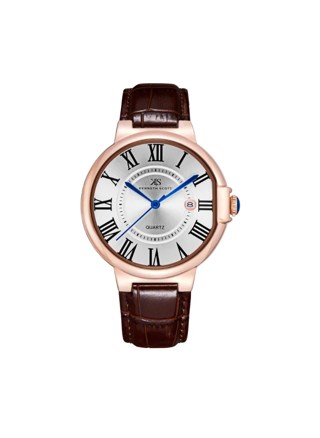 كينيث سكوت Men's Analog Display Watch With Dark Brown Genuine Leather  Strap - K23053-RLDW