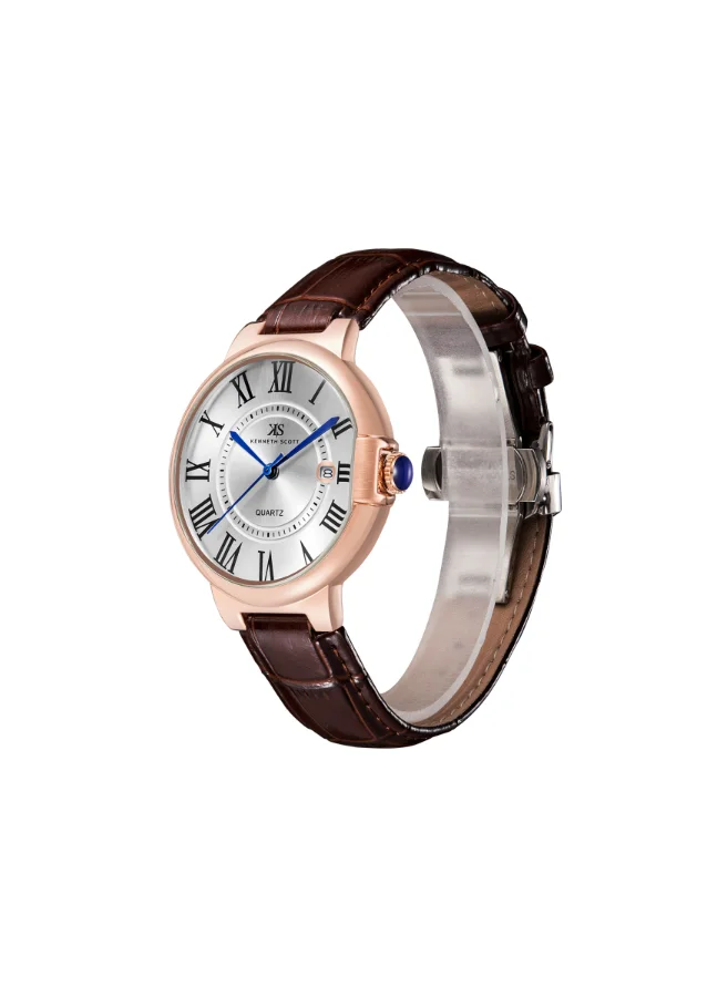 كينيث سكوت Men's Analog Display Watch With Dark Brown Genuine Leather  Strap - K23053-RLDW