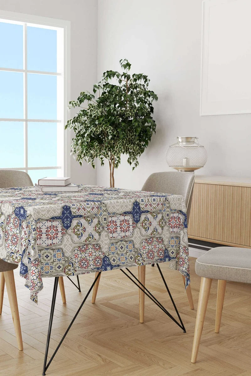 Cango Home Cream Navy Blue Vintage Retro Patterned Digital Printed Tablecloth CGH617-MS