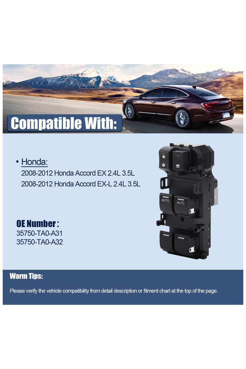 XICEN Master Window Switch for 2008-2012 Honda Accord EX EXL 2.4L 3.5L, Car Power Window Switches,Driver Side Power Window Switch, Replace OE 35750-TA0-A31, 35750-TA0-A32 - Image 2