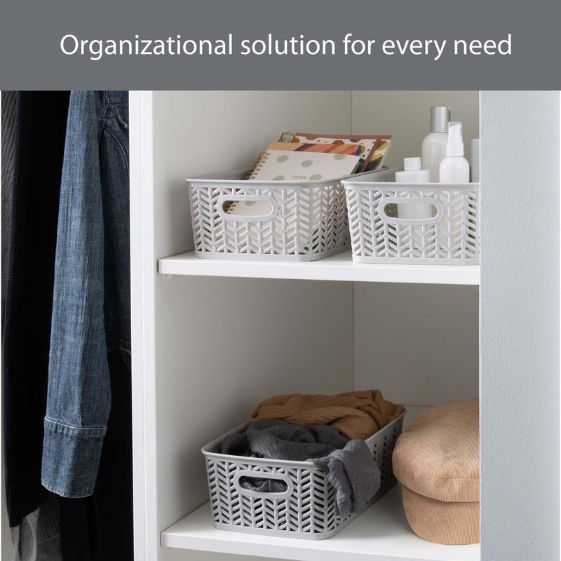 Simplify 3 Pack Small Herringbone Storage Basket | Dimensions: 10"x8"x4" | 2 Open Handles | Lightweight | Grey | Herringbone Design | Home Organization - Image 4