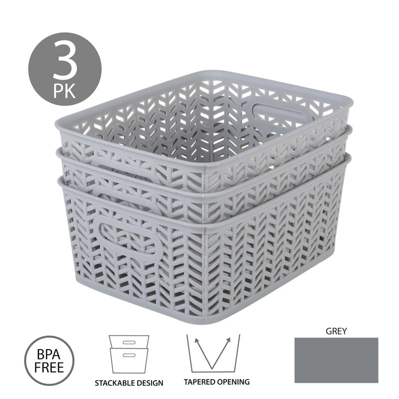 Simplify 3 Pack Small Herringbone Storage Basket | Dimensions: 10"x8"x4" | 2 Open Handles | Lightweight | Grey | Herringbone Design | Home Organization - Image 3