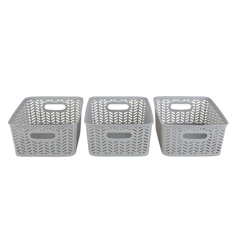 Simplify 3 Pack Small Herringbone Storage Basket | Dimensions: 10"x8"x4" | 2 Open Handles | Lightweight | Grey | Herringbone Design | Home Organization - Image 1