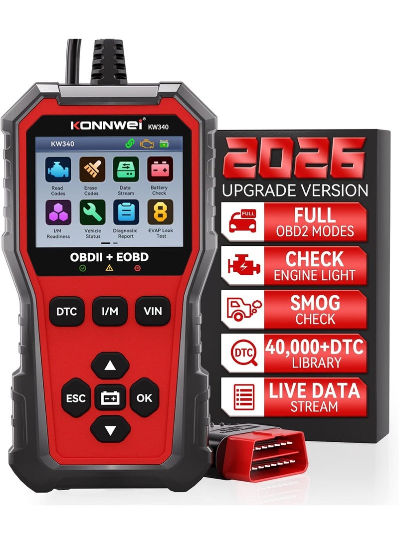 Konnwei KW340 OBD2 Scanner Diagnostic Tool Code Reader for All OBDII Cars Read & Clear Engine Codes, Live Data Stream, Battery Test, I/M Readiness, O2/EVAP Test, OBDII/EOBD - Image 1