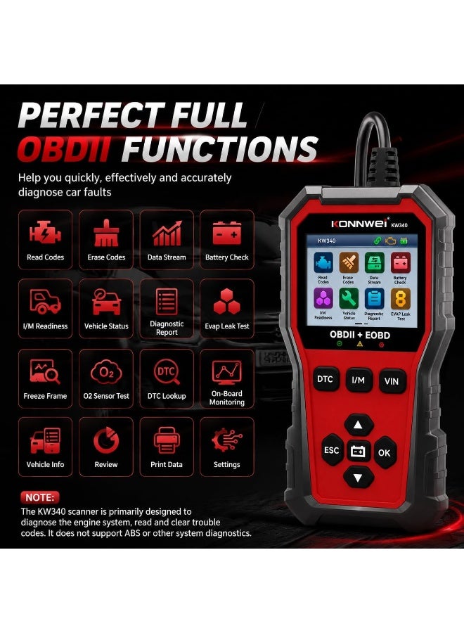 Konnwei KW340 OBD2 Scanner Diagnostic Tool Code Reader for All OBDII Cars Read & Clear Engine Codes, Live Data Stream, Battery Test, I/M Readiness, O2/EVAP Test, OBDII/EOBD - Image 2