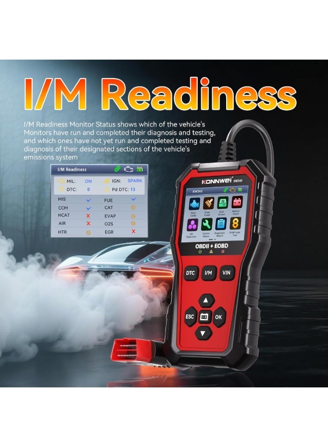 Konnwei KW340 OBD2 Scanner Diagnostic Tool Code Reader for All OBDII Cars Read & Clear Engine Codes, Live Data Stream, Battery Test, I/M Readiness, O2/EVAP Test, OBDII/EOBD - Image 4