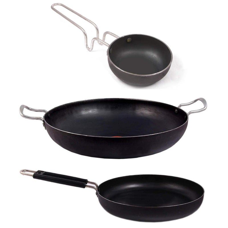 KITCHEN SHOPEE Traditional Iron Kadai Large Size 12 Inch Diameter Iron Cookware Skillet Frying Pan Tadka Pan 11 in Iron Tadka Pan Original Loha with Steel Handle 4 in10 cm - Image 1