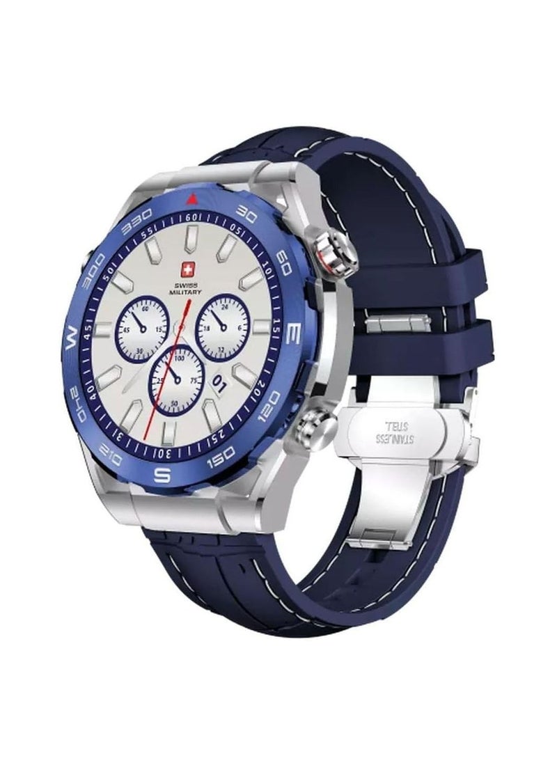 SWISS MILITARY - Swiss Military Dom 3 Smartwatch- 1.43" AMOLED Call Features Multi Language Heart Rate/BP/Oxygen Level Monitoring Wireless Charging 5-7 Days Battery Life IP67 Compatibility: iOS/Android - Blue - Image 1