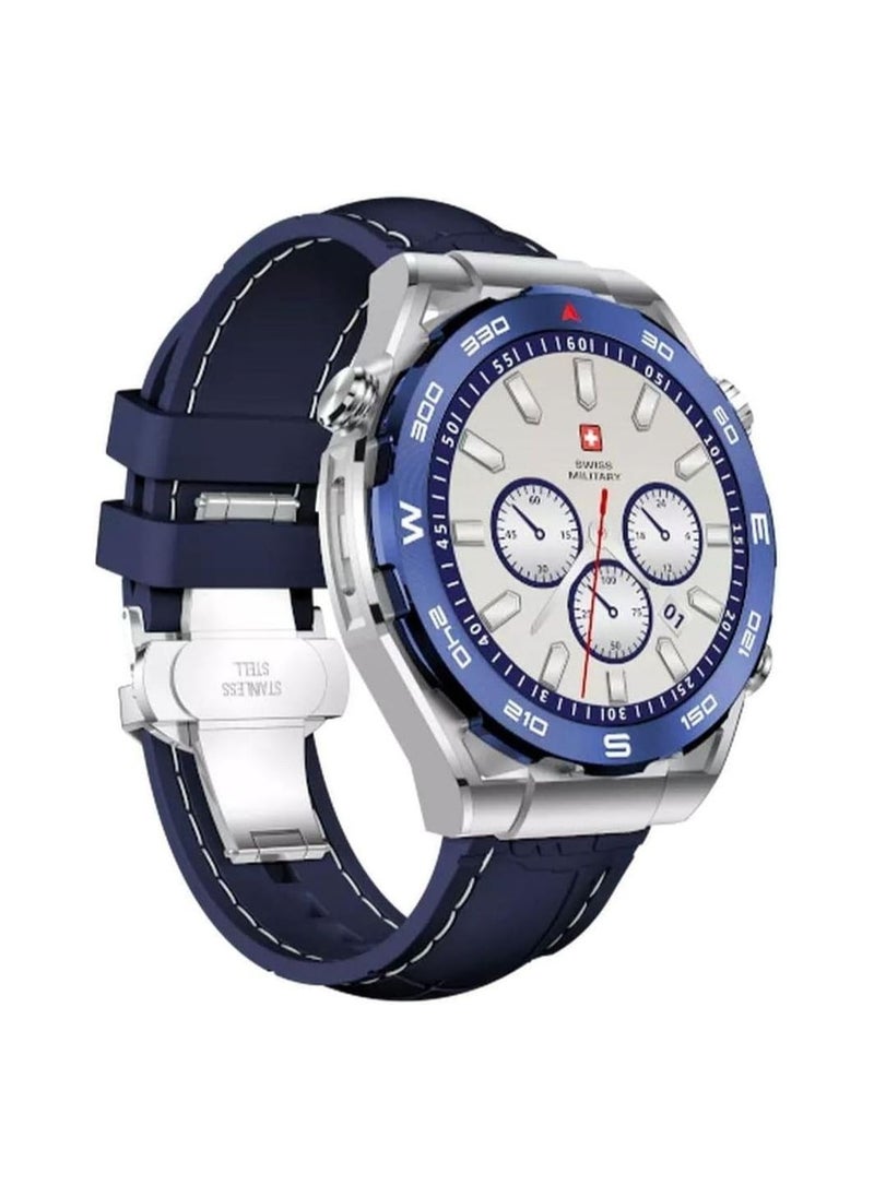 SWISS MILITARY - Swiss Military Dom 3 Smartwatch- 1.43" AMOLED Call Features Multi Language Heart Rate/BP/Oxygen Level Monitoring Wireless Charging 5-7 Days Battery Life IP67 Compatibility: iOS/Android - Blue - Image 1