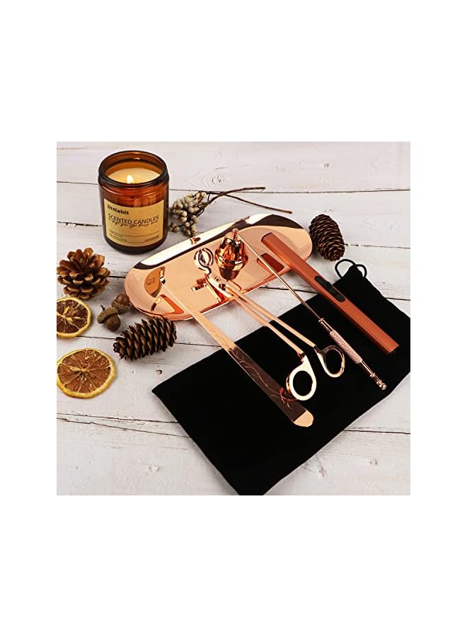 The Bros مجموعة ملحقات الشموع 5 في 1، قاطع فتيل الشمعة، خافض الشمعة وغطاس فتيل الشمعة، ولاعة قابلة لإعادة الشحن عبر USB، صينية تخزين لمحبي الشموع كهدية للأمهات، مجموعة العناية بالشموع (ذهبي وردي) - Image 2