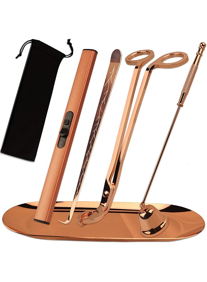 The Bros مجموعة ملحقات الشموع 5 في 1، قاطع فتيل الشمعة، خافض الشمعة وغطاس فتيل الشمعة، ولاعة قابلة لإعادة الشحن عبر USB، صينية تخزين لمحبي الشموع كهدية للأمهات، مجموعة العناية بالشموع (ذهبي وردي) - Image 1