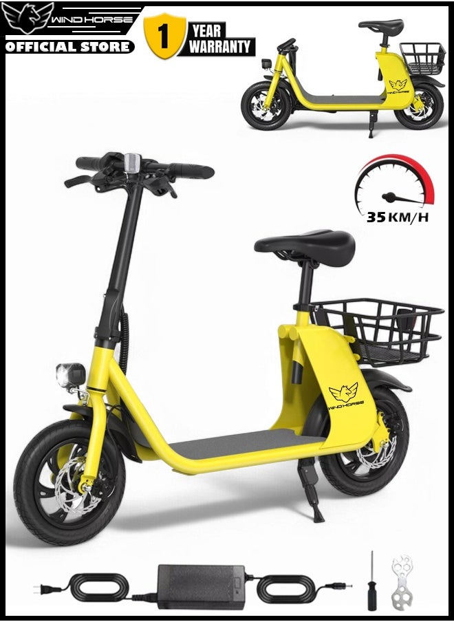Wind Horse - Premium Foldable Electric Scooter with Seat and Rear Basket, 450W Motor, 36V 8AH Battery, 25-35 KM/h Speed, Carbon Alloy Frame, 12.5 Inches Tires, Disk Brakes, Unisex Comfortable E-Scooter for Adults - Image 1