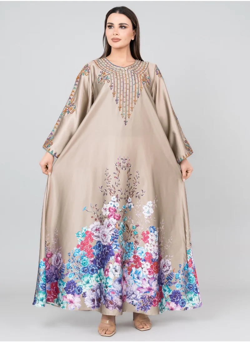 IKKXA Floral Printed Crystal Embroidery Jalabiya IK1015 Brown