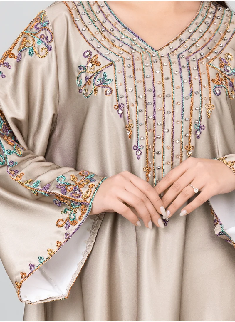 IKKXA Floral Printed Crystal Embroidery Jalabiya IK1015 Brown