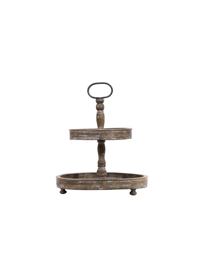 Creative Co-op Distressed Brown Wood 2-Tier Tray with Metal Handle - Image 1