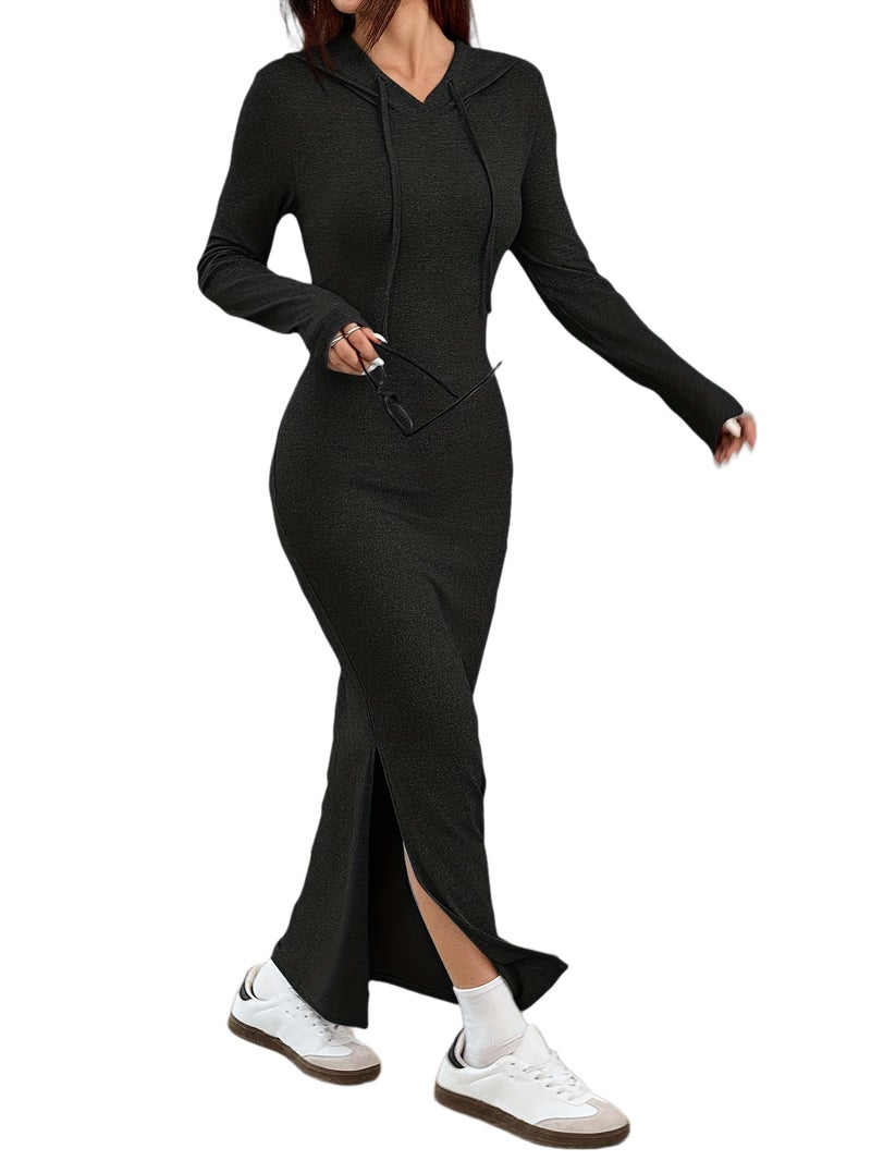 Spring and Autumn New Hooded Long Cross Knee Casual Fashion Dress | Solid Color, Long Sleeve, Bodycon Fit, Slit Hem - Image 1