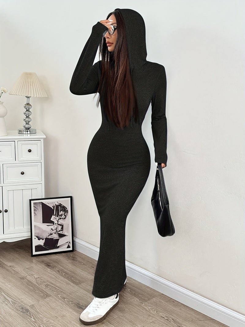 Spring and Autumn New Hooded Long Cross Knee Casual Fashion Dress | Solid Color, Long Sleeve, Bodycon Fit, Slit Hem - Image 4