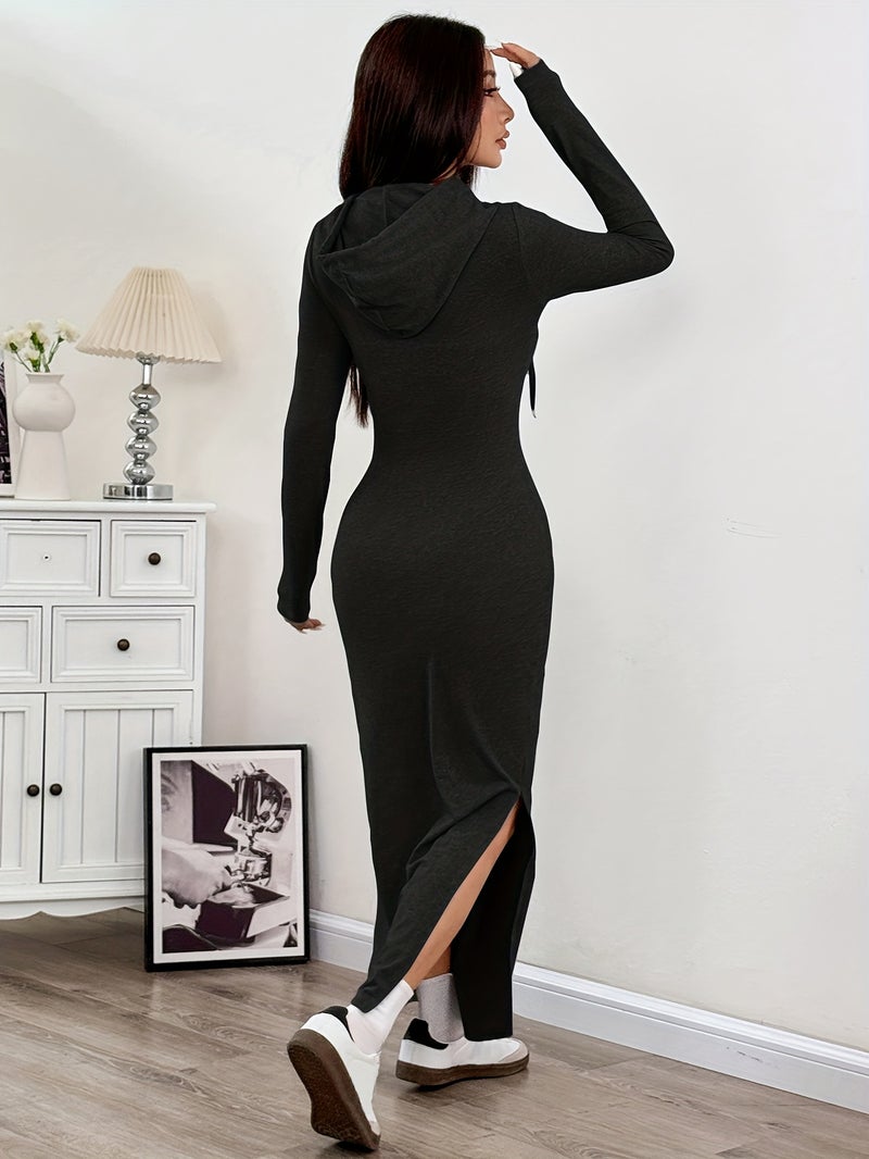Spring and Autumn New Hooded Long Cross Knee Casual Fashion Dress | Solid Color, Long Sleeve, Bodycon Fit, Slit Hem - Image 2