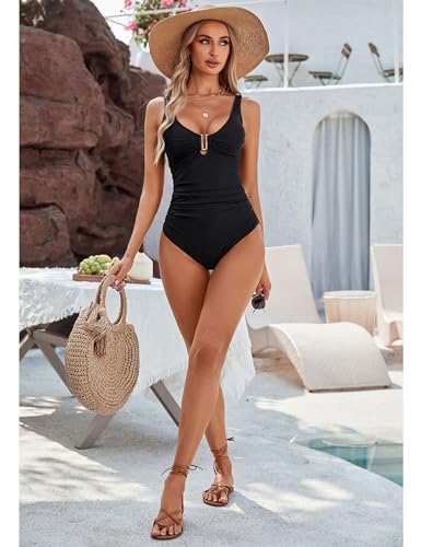 BMJL Women's Tummy Control Swimsuits Ruched Slimming One Piece Bathing Suit Deep V Neck Swimsuit(S,Black) - Image 4