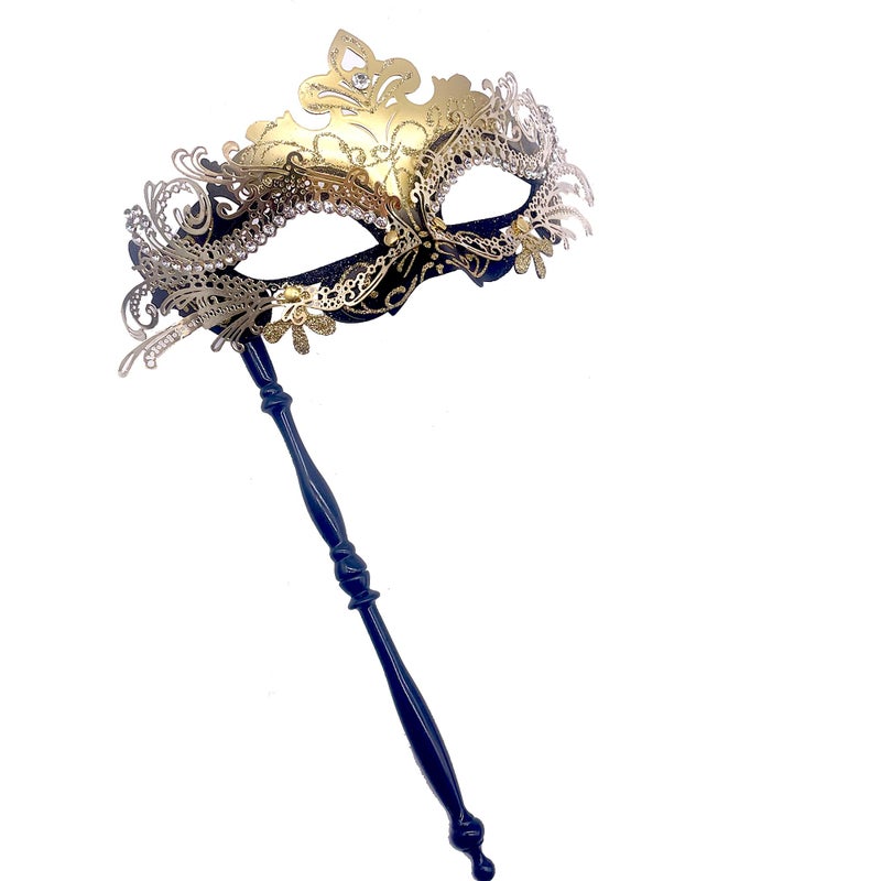 Geek-M Masquerade Mask for Women/Men, Fancy Party Face Mask Venetian Mask for Prom Ball Halloween Mardi Gras (masquerade mask with stick Black+Gold) - Image 1