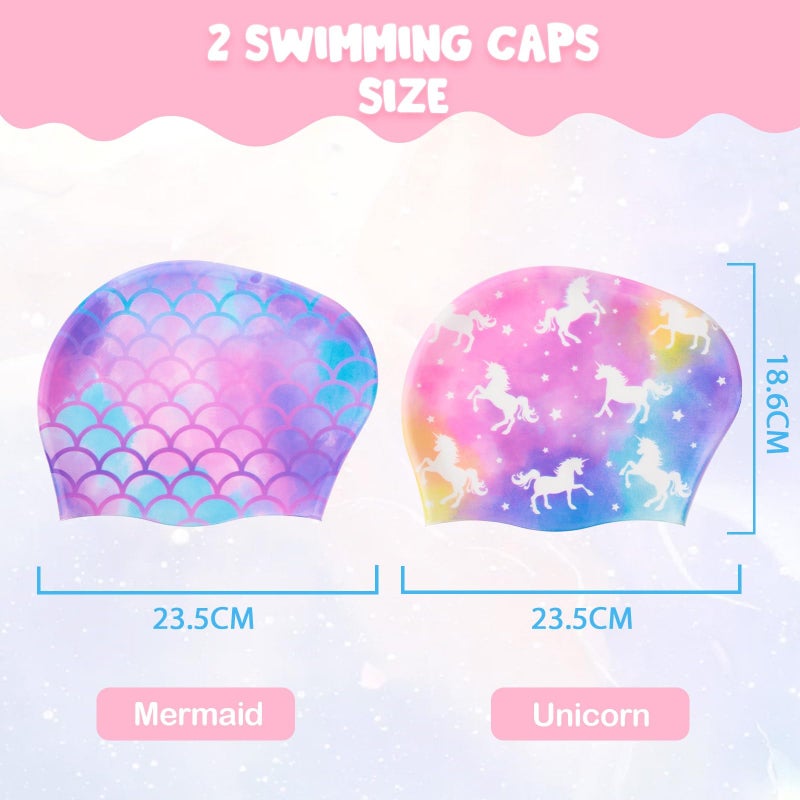 WAWSAM 2 Pack Kids Swim Cap Silicone Waterproof Swim Caps for Boys Girls (3-8 Years) Unicorn Mermaid Design Swimming Cap for Kids 3-8 Long and Short Hair (Mermaid&Unicorn) - Image 2