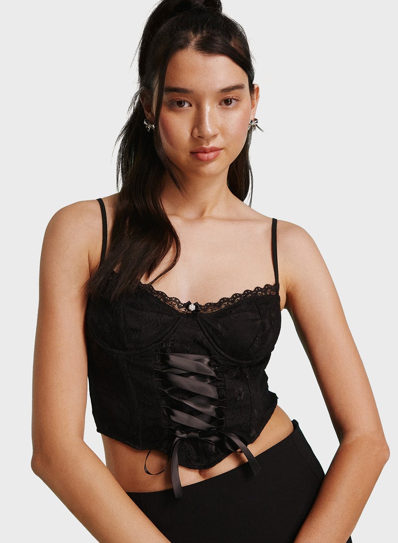 Miss Selfridge Lace Tie Detail Crop Top - Image 1
