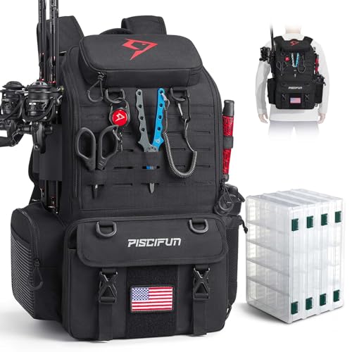 Piscifun 52L Fishing Tackle Backpack with Rod Holders 4 Tackle Boxes WaterResistant Large Tackle Bag for Fishing Gear Storage with Rain Cover Black - Image 1