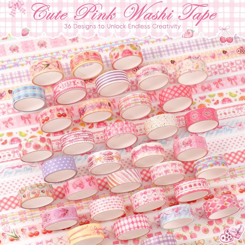 icceemee 36 Rolls Sweet Pink Theme Washi Tape Set with Different Colorful Patterns, Writable Decorative Tapes for Scrapbooking, Junk Journal Supplies, Bullet Journaling, 0.39'' x 79'' per Roll - Image 3
